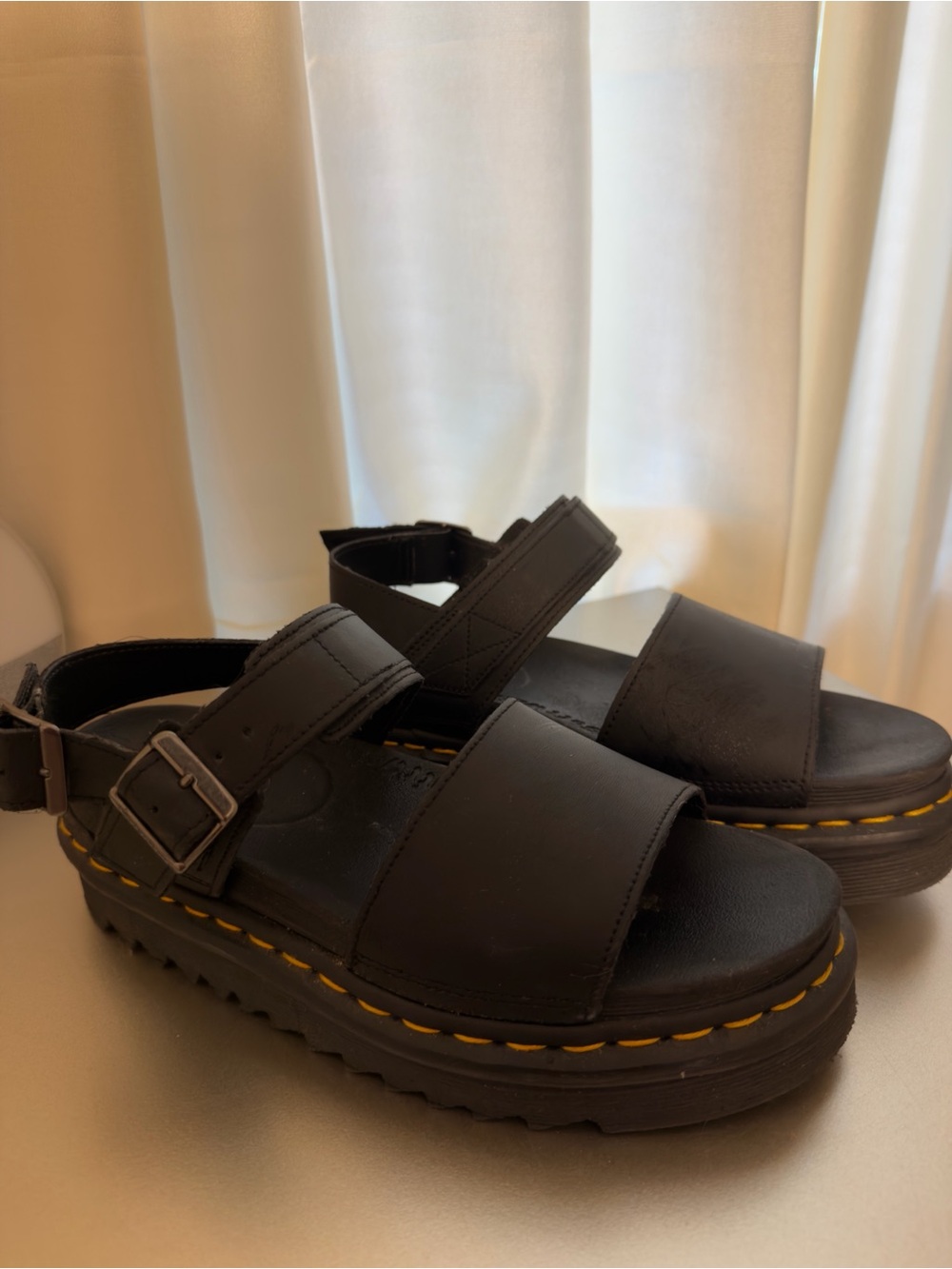 Dr. Martens Black Platform Sandals with Yellow Stitching